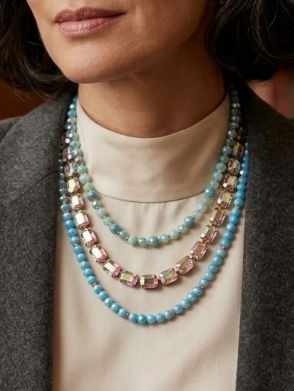 For You By Jen Triple Layer Blue and Gold Crystal Beaded Necklace Set NWT